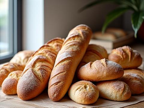 Assorterte lyse og mørke artisanale brød og bakevarer, vakkert presentert
