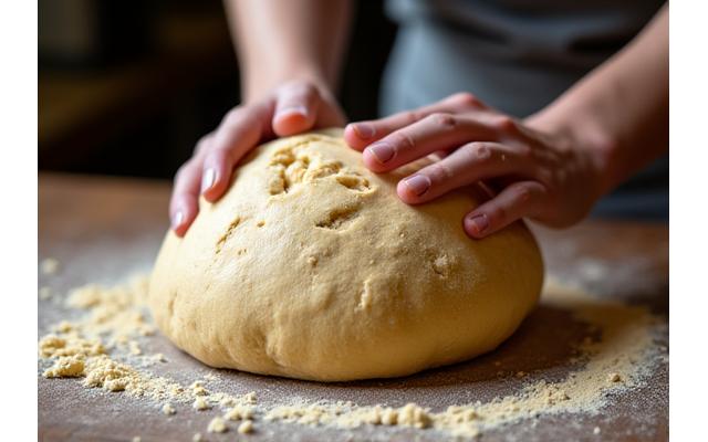 Chef's hands meticulously kneading dough on a wooden surface, flour dusting