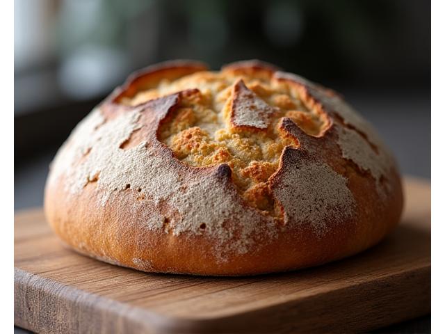 Nybakt surdeigsbrød med sprø skorpe og myk krumme, dampende på kjøkkenbenken