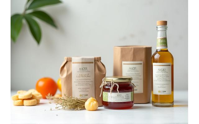 Gourmet food products in elegant, sustainable packaging on a clean surface