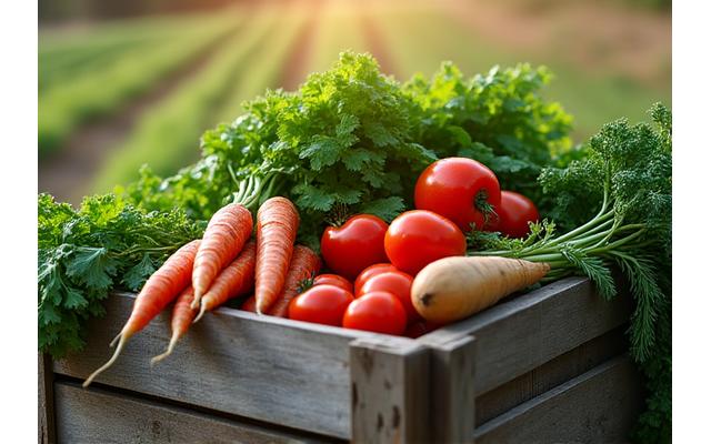 Freshly harvested organic vegetables in a wooden crate, sunlight dappled