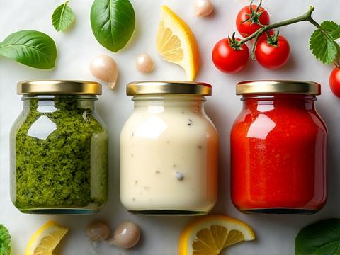 Utvalg av hjemmelagde sauser og dressinger i glasskrukker, med friske urter