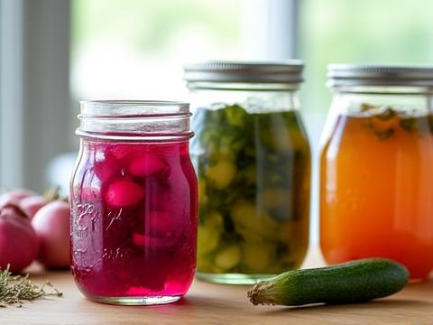 Fargerike syltede grønnsaker i vakre glasskrukker, klar til servering