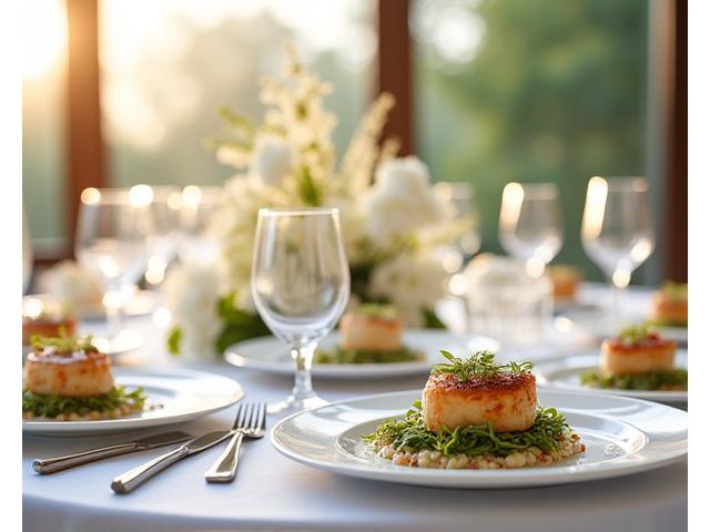 Luksuriøst bryllupsbord dekket med blomster og gourmetmat