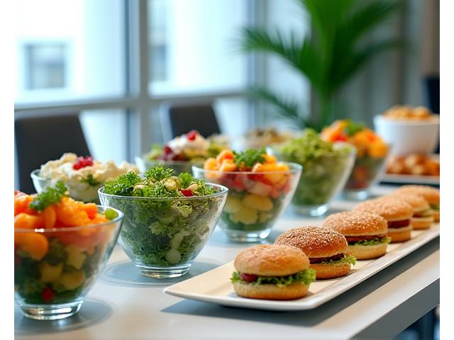 Deltakere på en konferanse nyter en profesjonelt servert lunsjbuffet