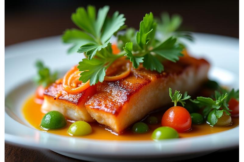 Detaljert bilde av en gourmetrett med ferske, norske ingredienser