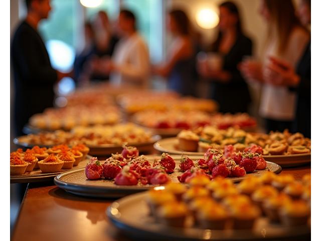 Glade gjester på en privat fest med et rikt utvalg av fingermat