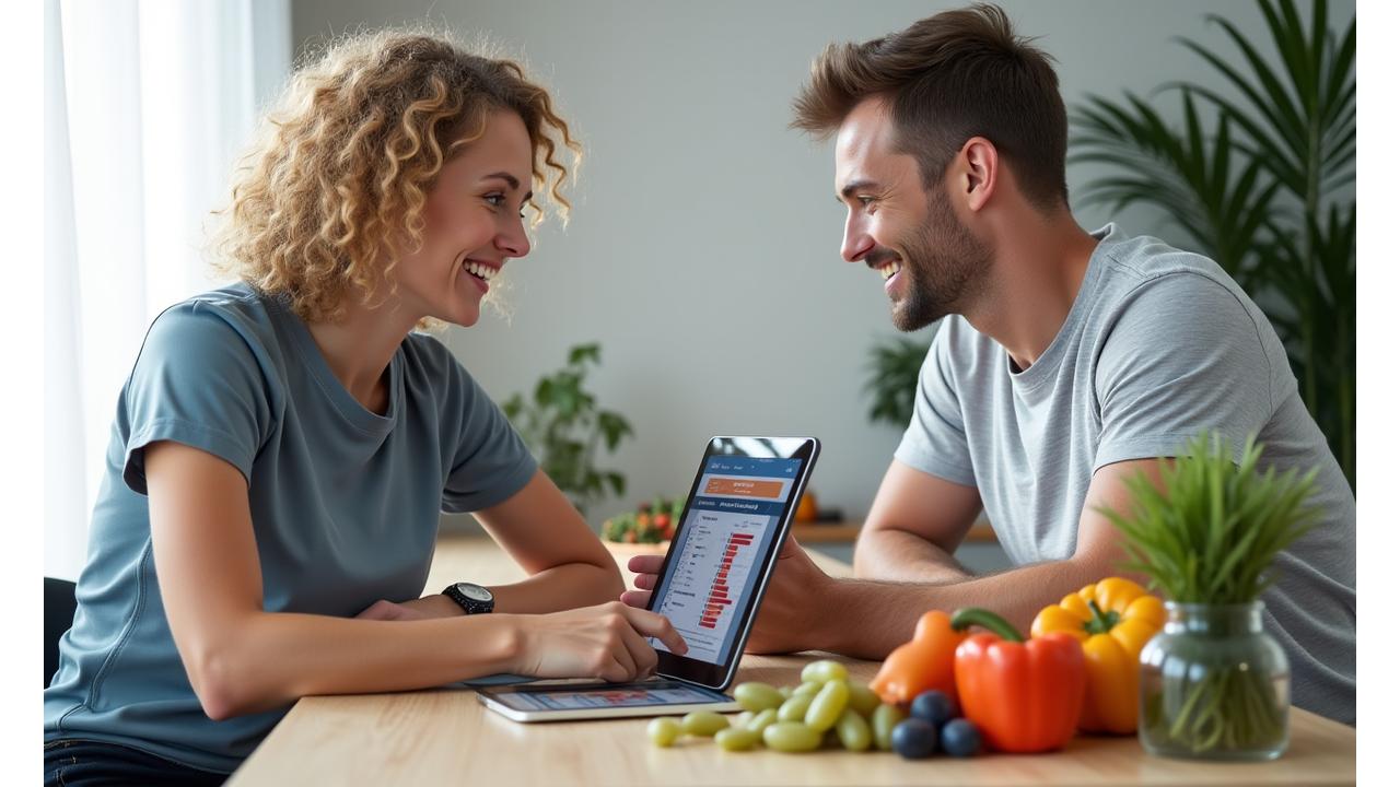 En sportsdietist som konsulterer en atlet ved et bord med sunn mat