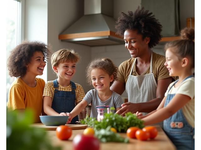 Bilde av familie som ler og samarbeider om matlaging på kjøkkenet