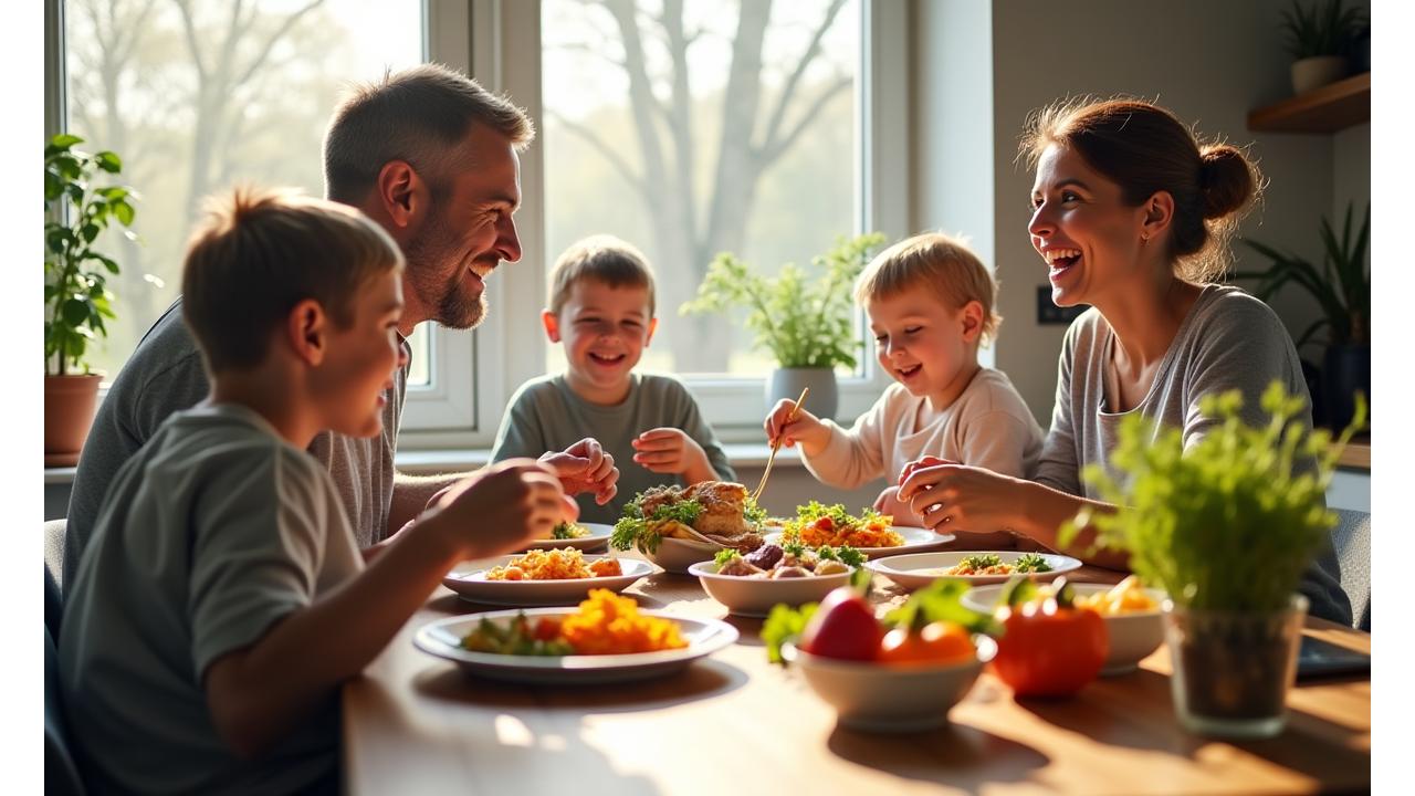 Lykkelig familie spiser middag sammen ved et bord, foreldre og barn smiler, med ferske ingredienser på bordet