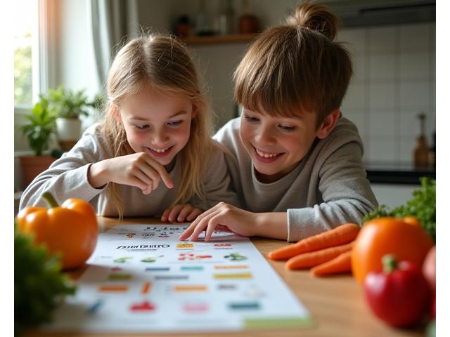Barn og foreldre lager mat sammen, lærer om grønnsaker og ernæring
