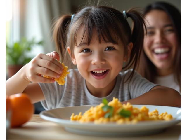 Barn som prøver ny mat med et smil, foreldre ser fornøyde ut