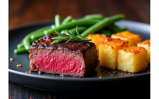 Biff med fløtegratinerte poteter og grønne asparges.