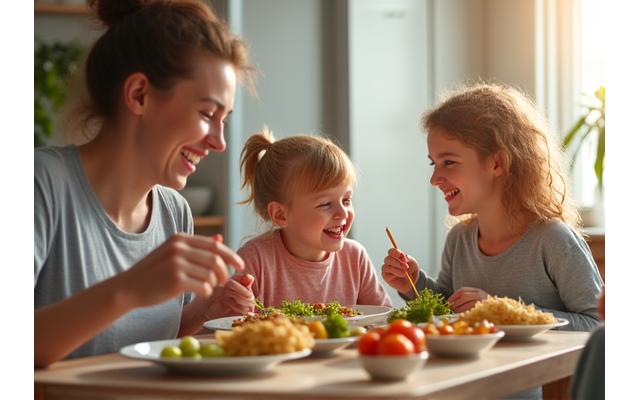 Bilde av en familie som spiser et måltid forberedt med Lykke Bite matkasse.