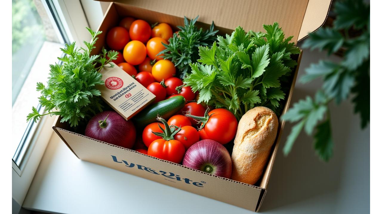 Et utvalg av ferske, økologiske ingredienser fra Lykke Bite måltidskasse, vakkert presentert.