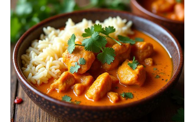 Kremet indisk kyllingcurry med ris og frisk koriander.