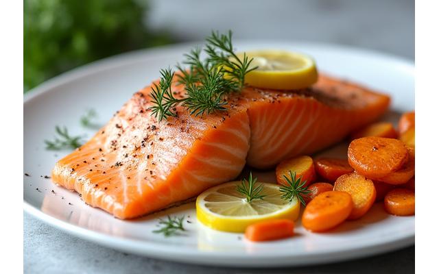 Ovnsbakt laksefilet med sesongens grønnsaker og dillsaus.