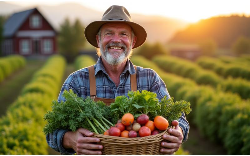 Bonden på en frodig, økologisk gård, smiler mens han høster grønnsaker.