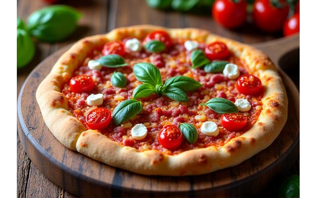 Hjemmelaget gourmetpizza med tynn bunn og ferske tomater.