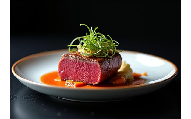 En luksuriøs gourmetmiddag med Wagyu biff og eksotiske grønnsaker.