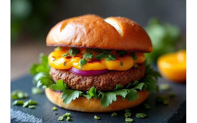 En saftig vegetarisk burger med avokado og spirer.