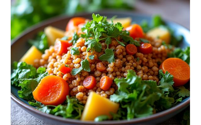 En fargerik, vegansk rett rik på grønnsaker og urter.