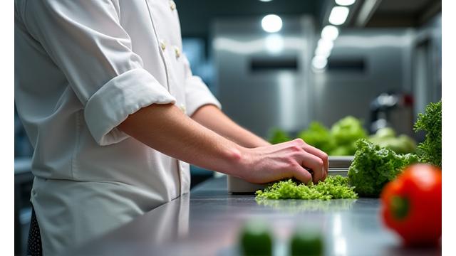 Kokk som forbereder ingredienser i et profesjonelt kjøkken