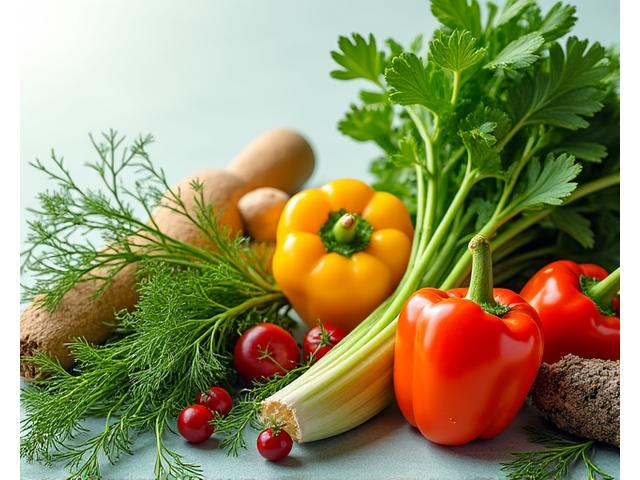 Et frodig utvalg av ferske grønnsaker og urter klar til bruk
