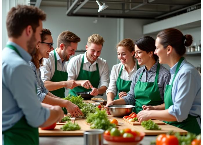 Lykkelige kolleger som samarbeider på et profesjonelt kjøkken