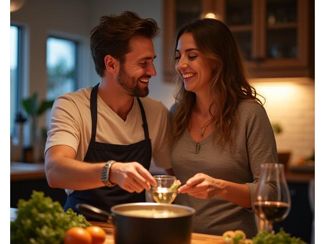 Et par som ler mens de koker sammen i et kjøkken