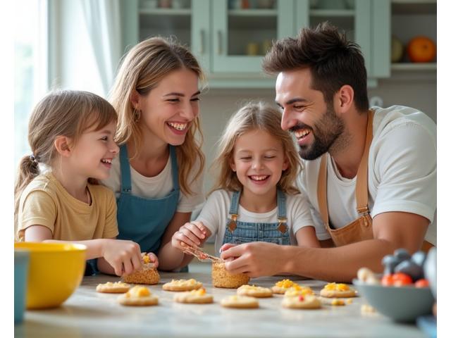Familie som baker og har det gøy sammen på et matkurs