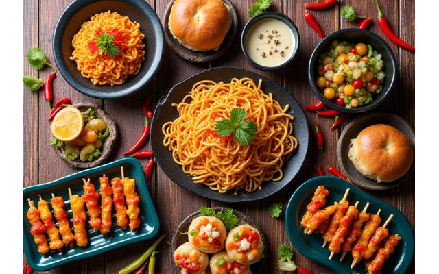 Fargerik asiatisk street food spredt ut på et bord