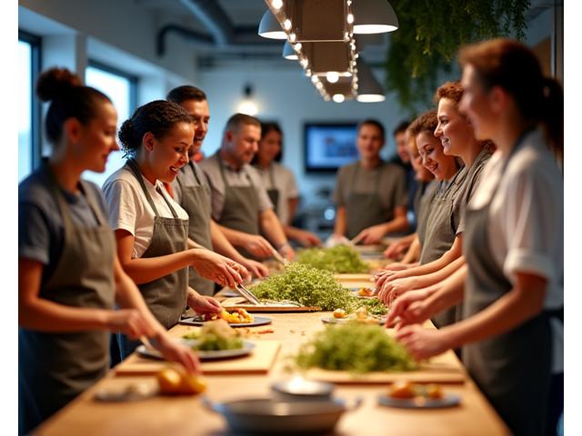 Bedriftsteam som samarbeider om en matlagingsoppgave