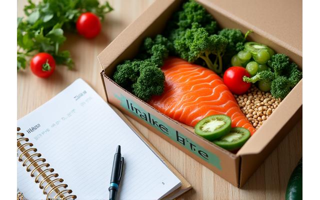 En sunn måltidskasse med ferske ingredienser liggende ved siden av en åpen notatbok med en kostholdsplan, som illustrerer integrasjon av tjenester.
