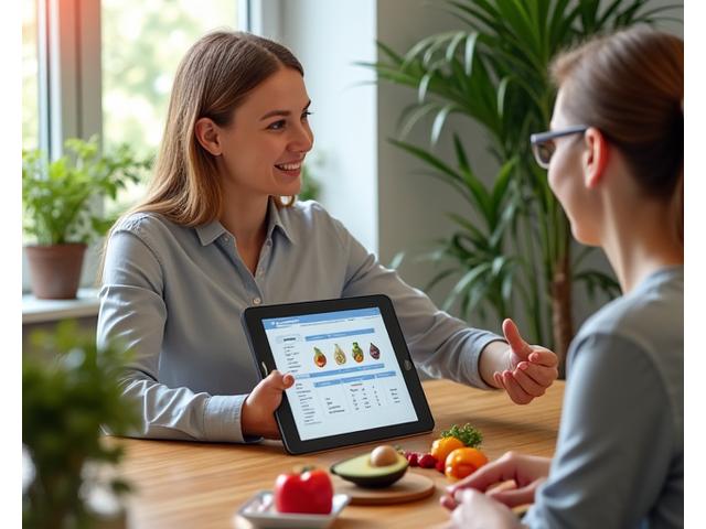 En ernæringsfysiolog som diskuterer en personlig kostholdsplan med en klient foran et utvalg av ferske, sunne ingredienser.