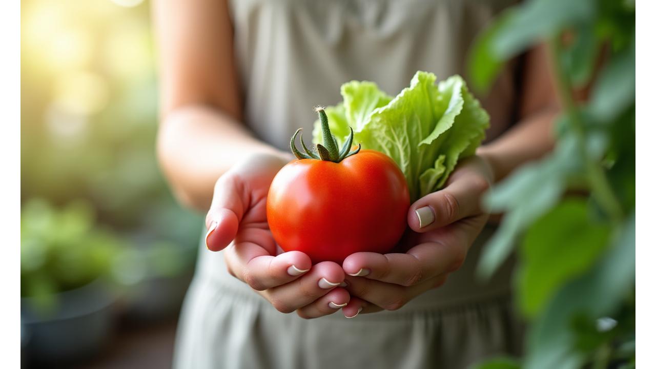 Nærstudie av hender som holder en fersk, organisk grønnsak, med et uskarpt motiv av en gjennomsiktig, gjenbrukbar emballasje og sollys