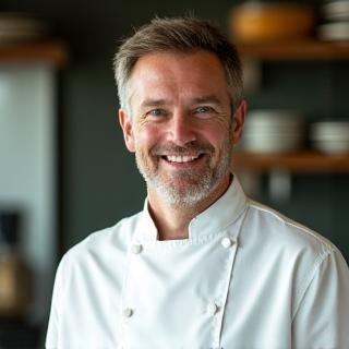 Portrett av sjefskokk, smilende og iført kokkeuniform