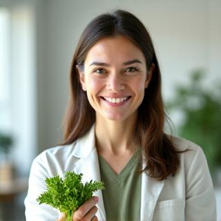 Portrett av ernæringsfysiolog, studerer plantebaserte ingredienser