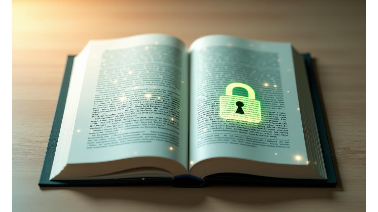 En åpen bok med symboler for lås og skjold, som representerer sikkerhet og transparens