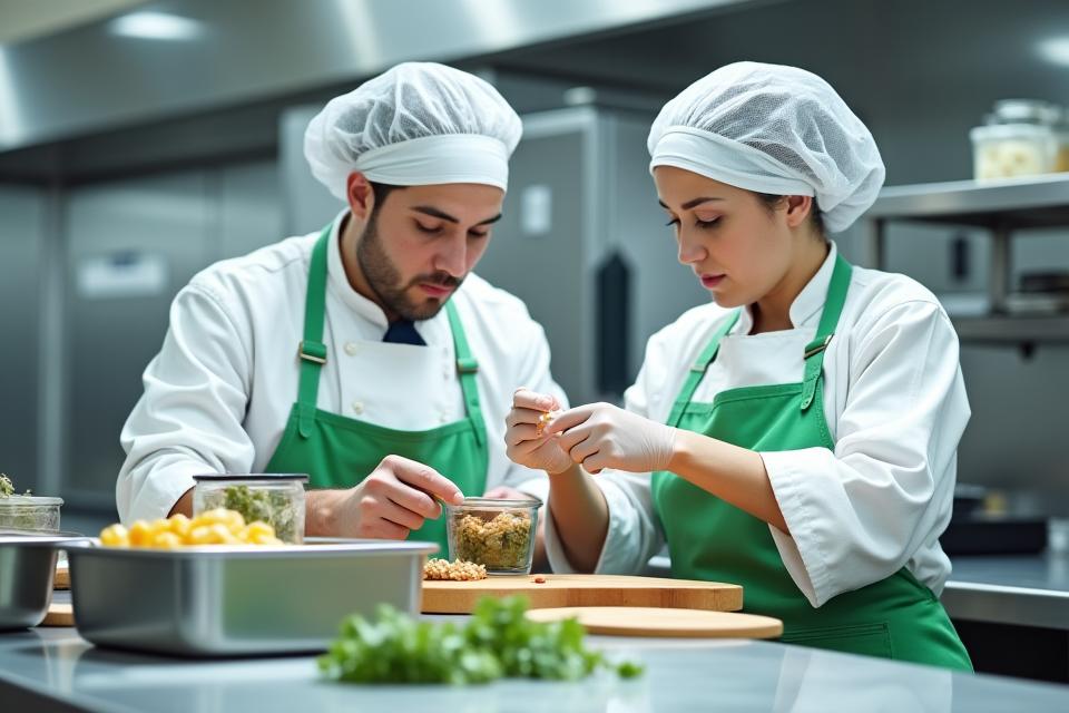 Kokker i sterile omgivelser som håndterer mat, symboliserer Lykke Bites sikkerhetsprotokoller for matlaging