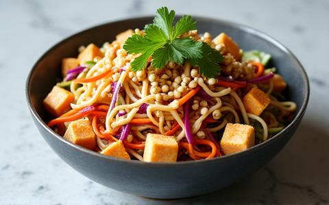 En nydelig asiatisk-inspirert vegansk rett, fylt med risnudler, sprø tofu og fargerike grønnsaker.