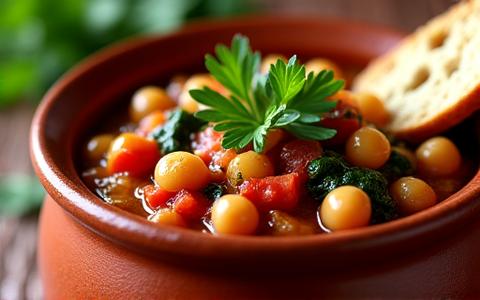 En dampende middelhavsstuing med kikerter, tomater, spinat og urter, servert med ferskt brød.