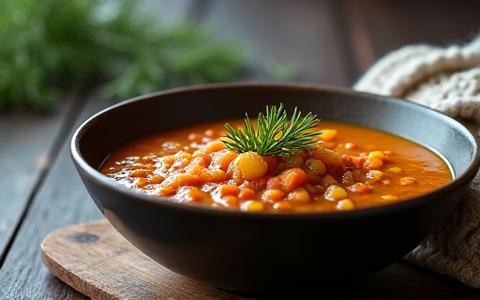 En rustikk nordisk linsesuppe pyntet med ferske grønnsaker og urter, servert i en keramikkbolle.
