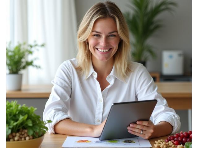 En profesjonell ernæringsfysiolog som gjennomgår en måltidsplan med fokus på plantebasert ernæring, i et rent, moderne kontor.