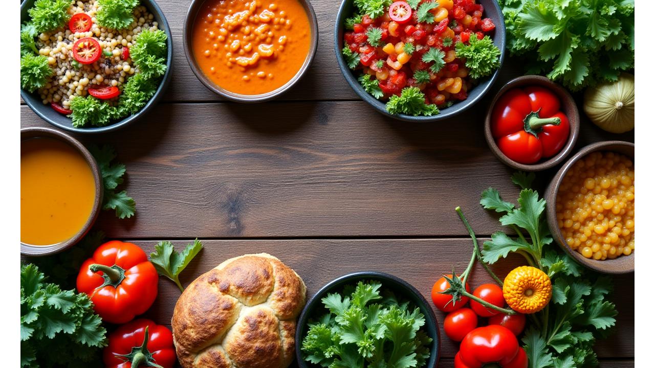 Et frodig bord fylt med en variert samling ferske, fargerike plantebaserte retter, klar til å inspirere til sunn matlaging.