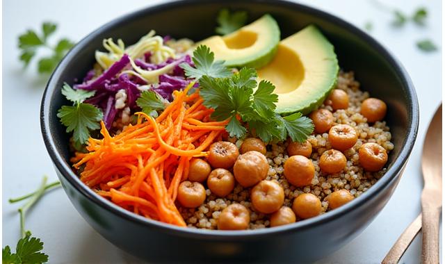 En levende vegansk buddha bowl fylt med quinoa, avokado, revet gulrot, edamame og sprøtt grønt.